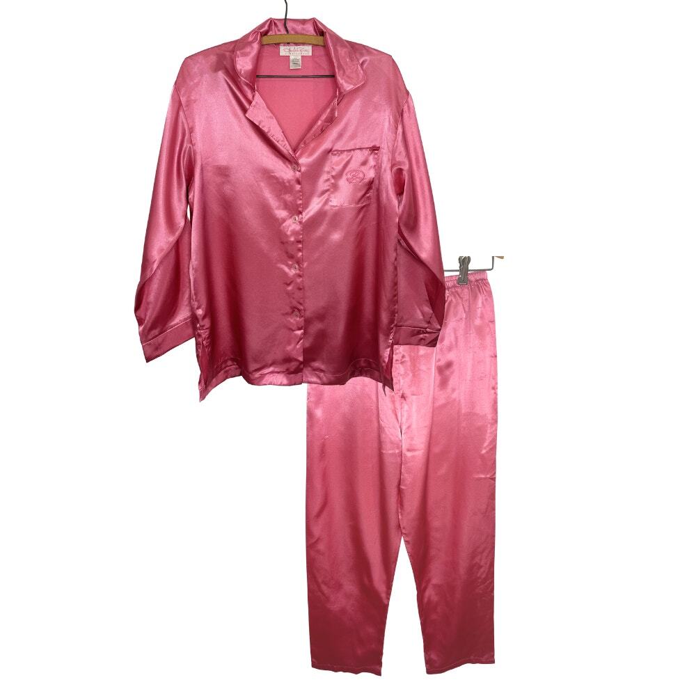 Oscar de la Renta Pink Label Satin Pajama Set Hot Pink Button Up Size S